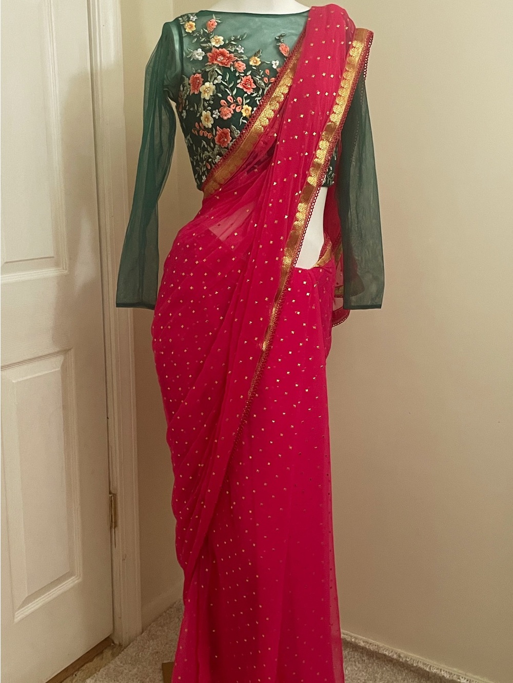 Embroidered Green Bodice & Hot Pink Saree Dress with Gold Trim